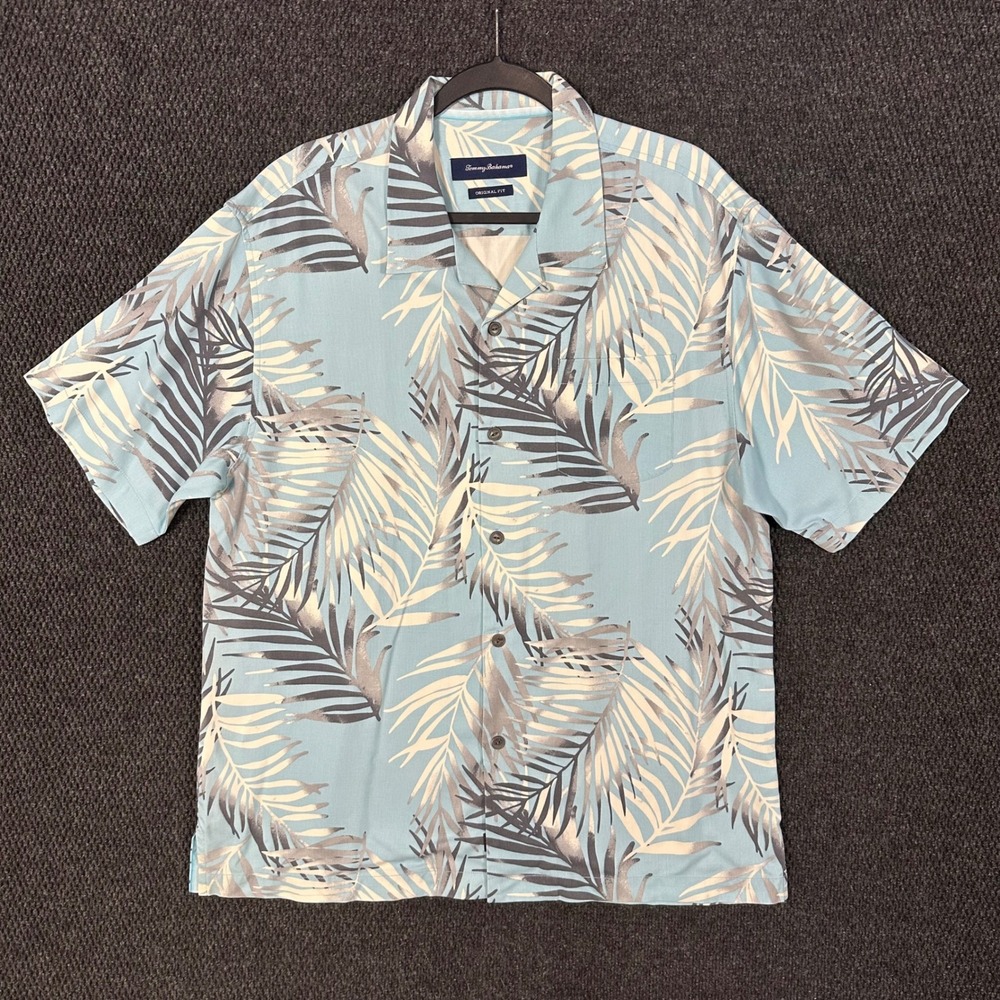 Tommy Bahama Hawaiian Aloha Shirt Mens L Blue Silk Palm Leaf Print Original Fit